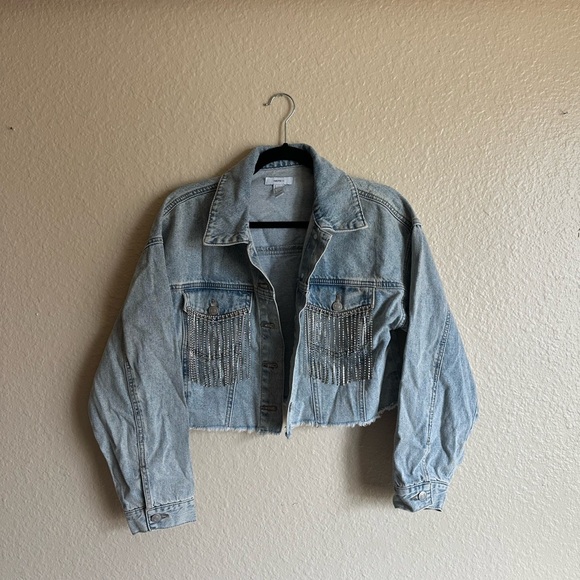 Forever 21 Jackets & Blazers - Forever 21 Light Blue Cropped Denim Jacket with Rhinestone Fringe